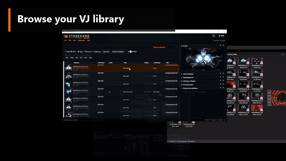 Picking a library folder — Stagehand scans and populates the grid with thumbnails and metadata