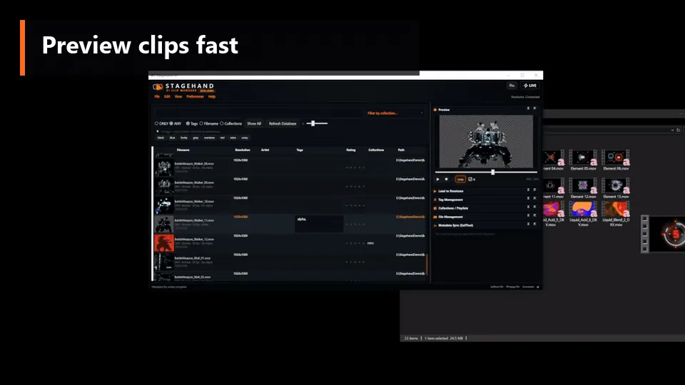 Switching between clip previews inline — loop, alpha, scrub