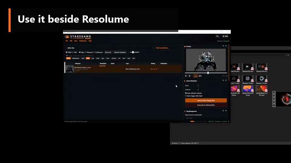 Loading a selected clip from Stagehand directly into a Resolume layer and column