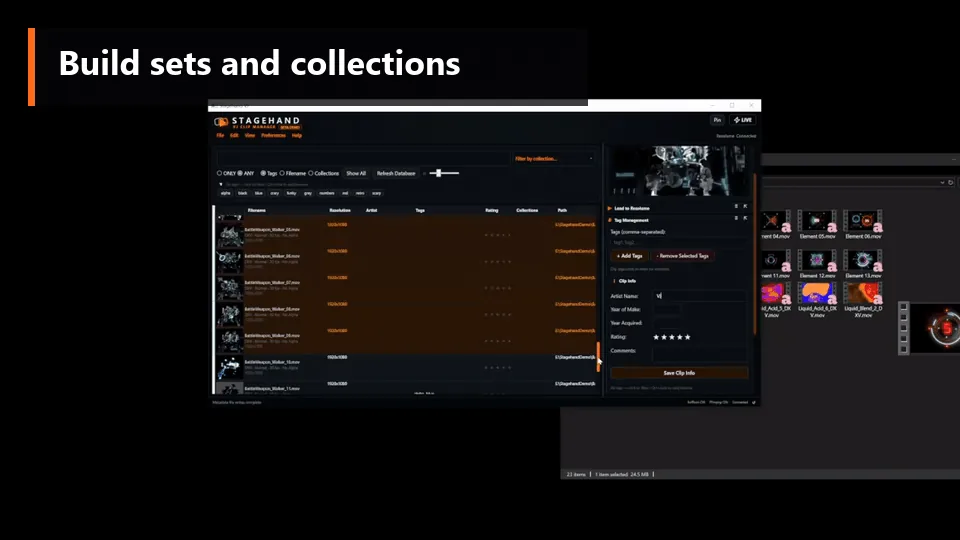 Building a collection for tonight's set — drag clips into a named collection